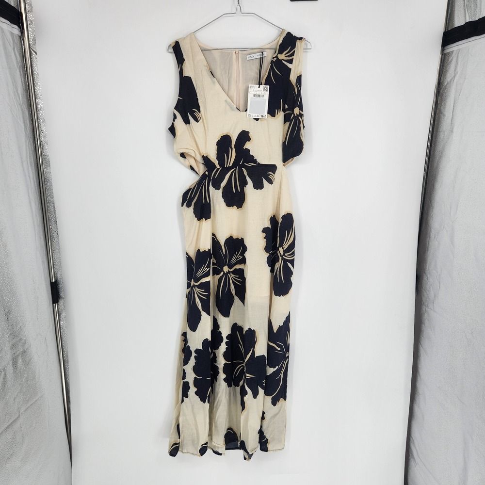 Mango Large Ecru Blue Floral Print Cutout Sleeveless Maxi Dress NWT